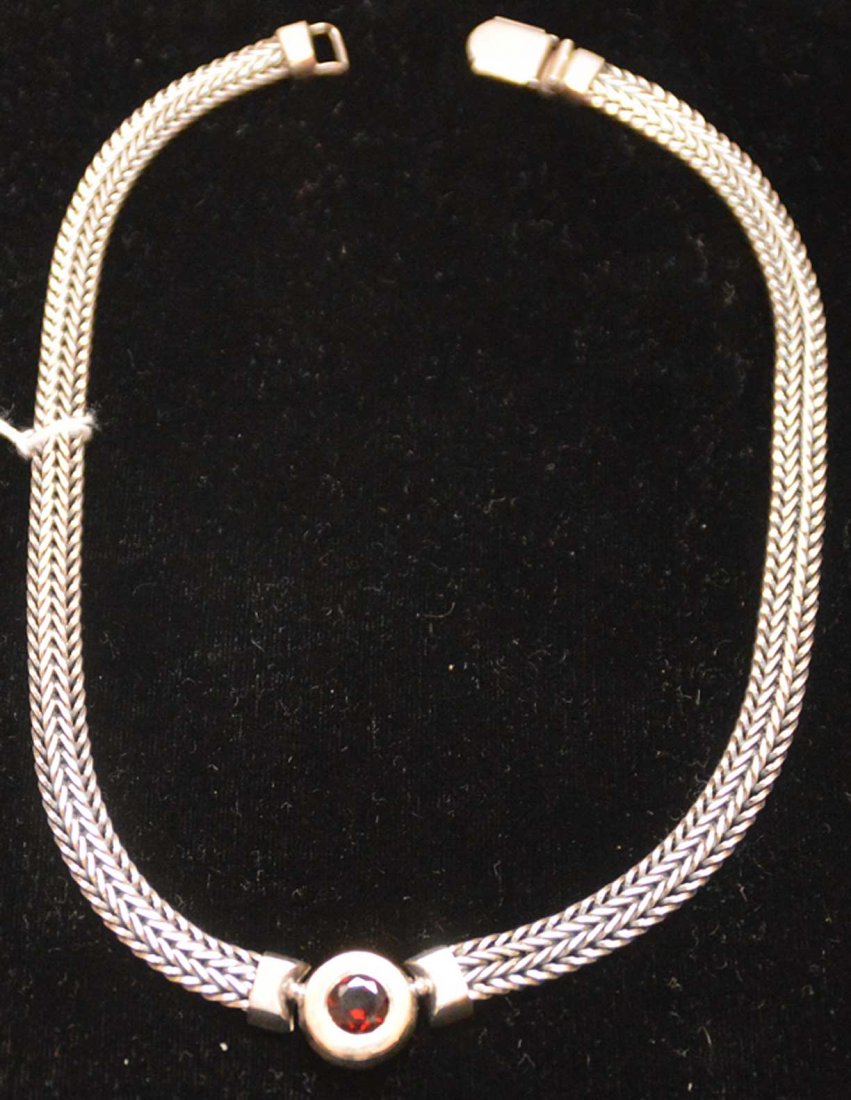 Sterling silver necklace with single garnet, Israel, (1 of 3)