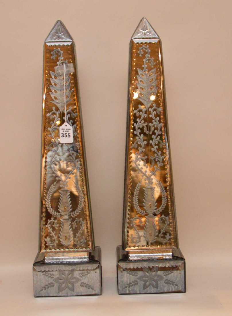 Pair finely etched mirrored obelisks with vine and (1 of 3)