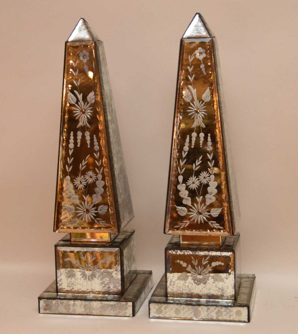 Pair finely etched beveled mirrored obelisks with vine (1 of 5)