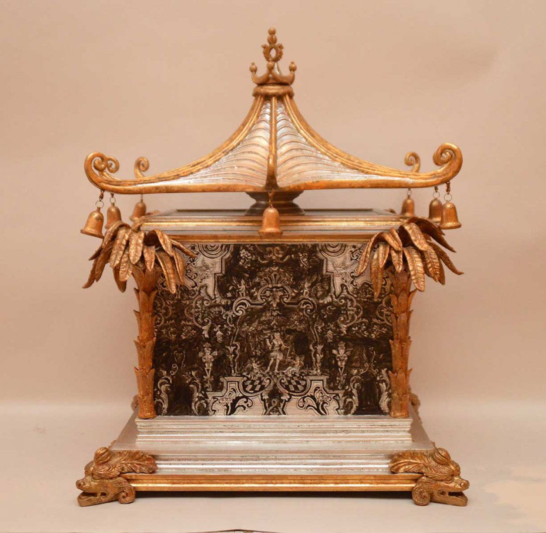 Chinese wood hinged box with elaborate silver gilt top, (1 of 7)