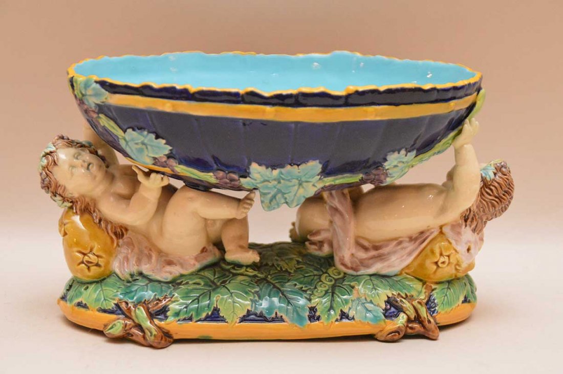 Majolica Figural Dish with children holding up the dish (1 of 4)