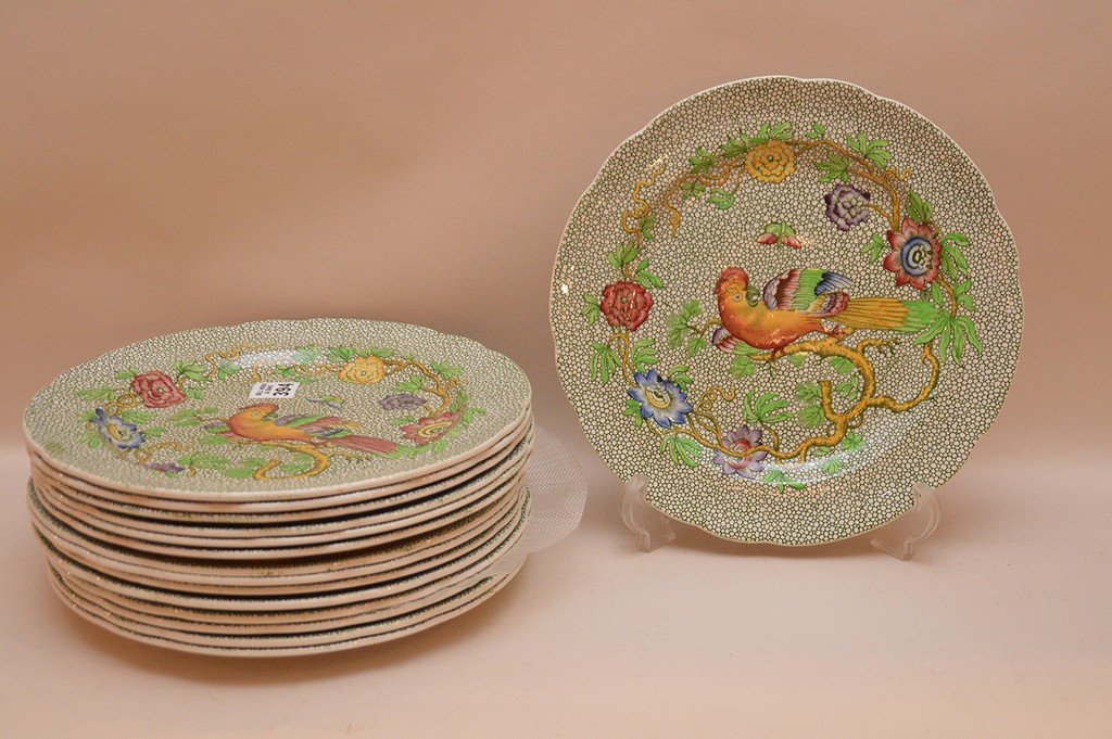 Set 14 Spode Plates with bird and floral decoration.: Set 14 Spode Plates with bird and floral decoration. Dia. 10 1/2"