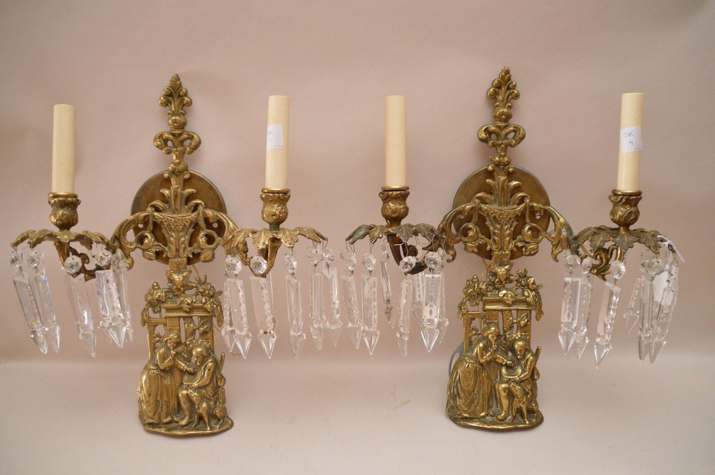 Pair Brass & Crystal 2 Light Sconces circa 1880.  Ht. (1 of 4)