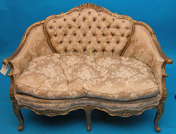 Pair of antique gilded frame Louis XV settees, tu: Pair of antique gilded frame Louis XV settees, tufted backs, silk fabric, down seats, stains on one