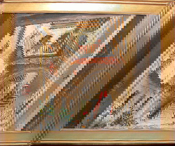 Peter Hayward ( USA 1905- ) oil on canvas, courty: Peter Hayward ( USA 1905- ) oil on canvas, courtyard, 25" x 30"