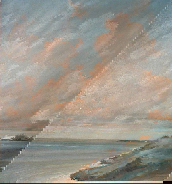 Eric Sloane American CT. Painting of Bermuda: Eric Sloane (American, Cornwall Bridge, CT 1910-1985) oil on canvas, Bermuda noon day, 2" x3" patch in the left quadrant of sky, 34" x 34"
