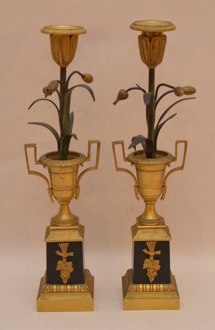 French Empire Bronze Floral Form Candlesticks.  Ht. 12 (1 of 6)