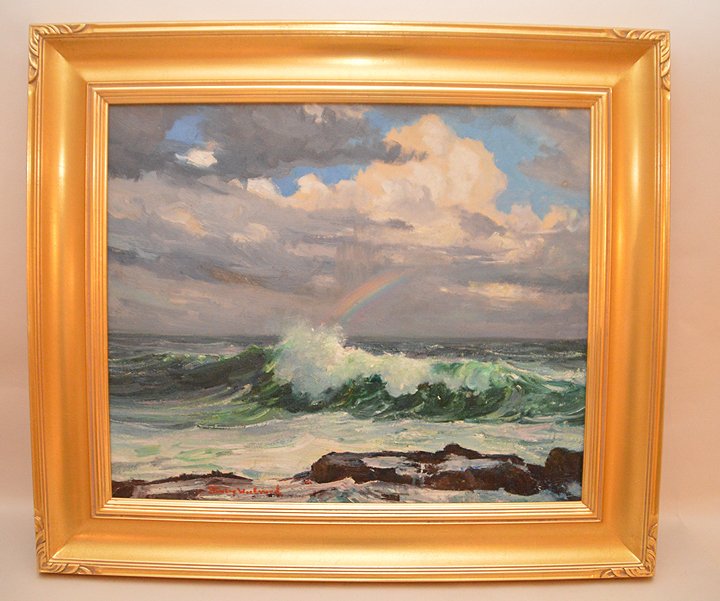 STANLEY WOODWARD, American 1890-1970, “White Tip: STANLEY WOODWARD, American 1890-1970, “White Tip Waves Under a Rainbow", oil on canvas 20" x 24", signed lower left, in a gold tone American style frame.