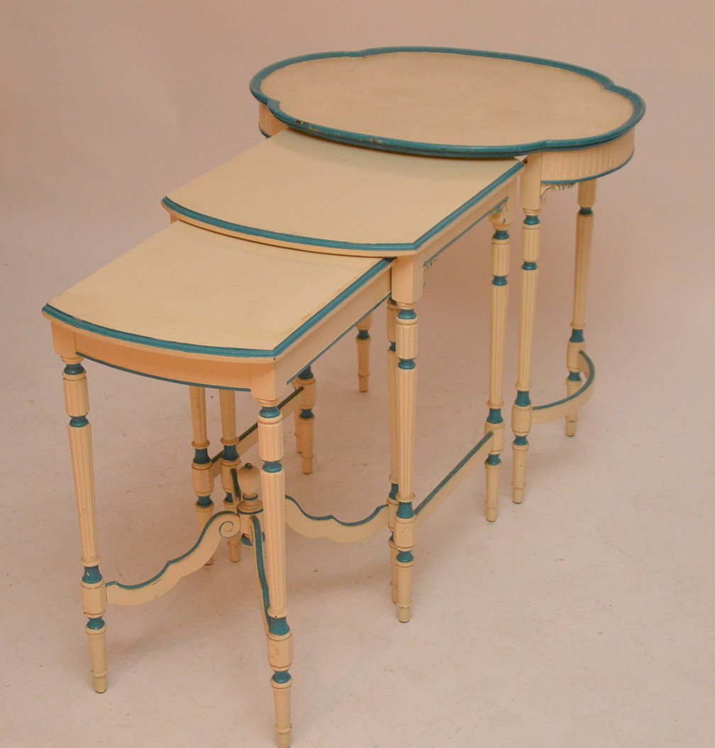 Nest of 3 painted cream and blue trim tables, largest (1 of 3)