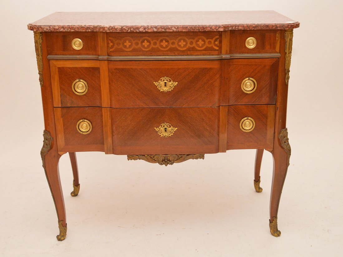 2 drawer French chest with marble top, marquetry apron (1 of 7)