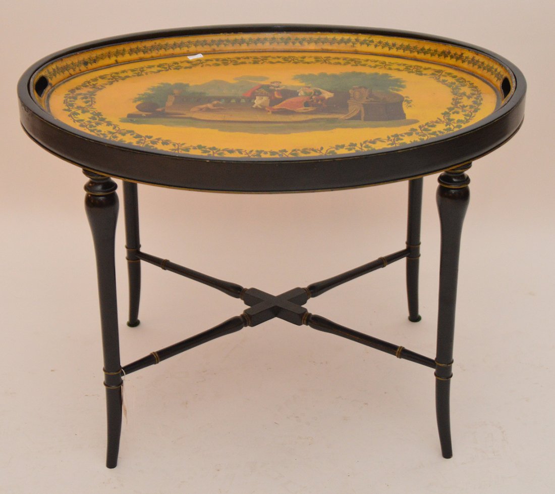 Continental hand painted tole tray on custom stand, (1 of 6)