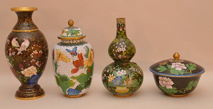 Lot 4 Pieces Of Assorted Cloisonné.  Tallest Vase Ht. 8 (1 of 5)
