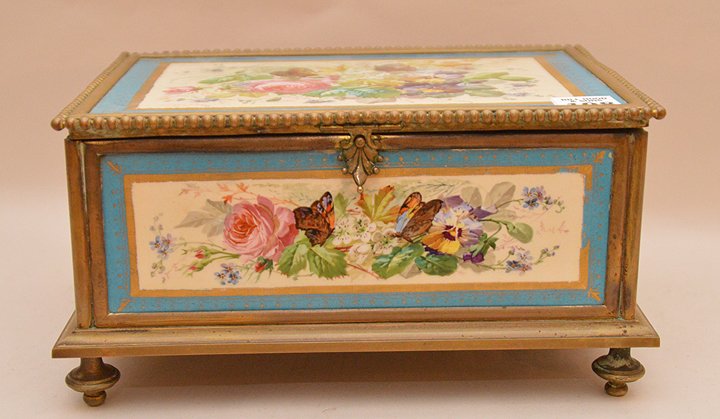 Antique Bronze & Porcelain Box.  Ht. 5" W. 9 1/2" D. 7 (1 of 8)