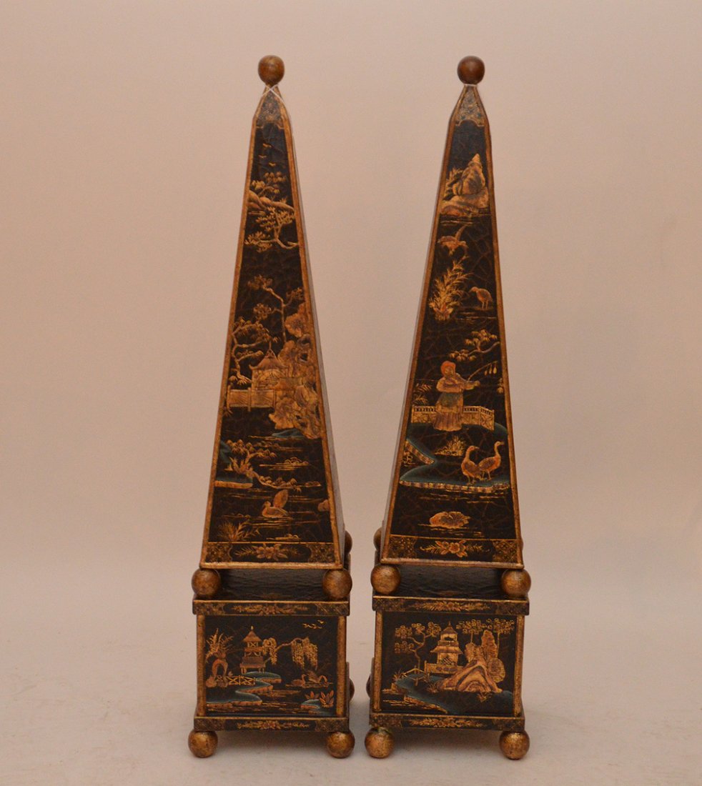 2 black Chinese crackled painted obelisks with gold (1 of 5)