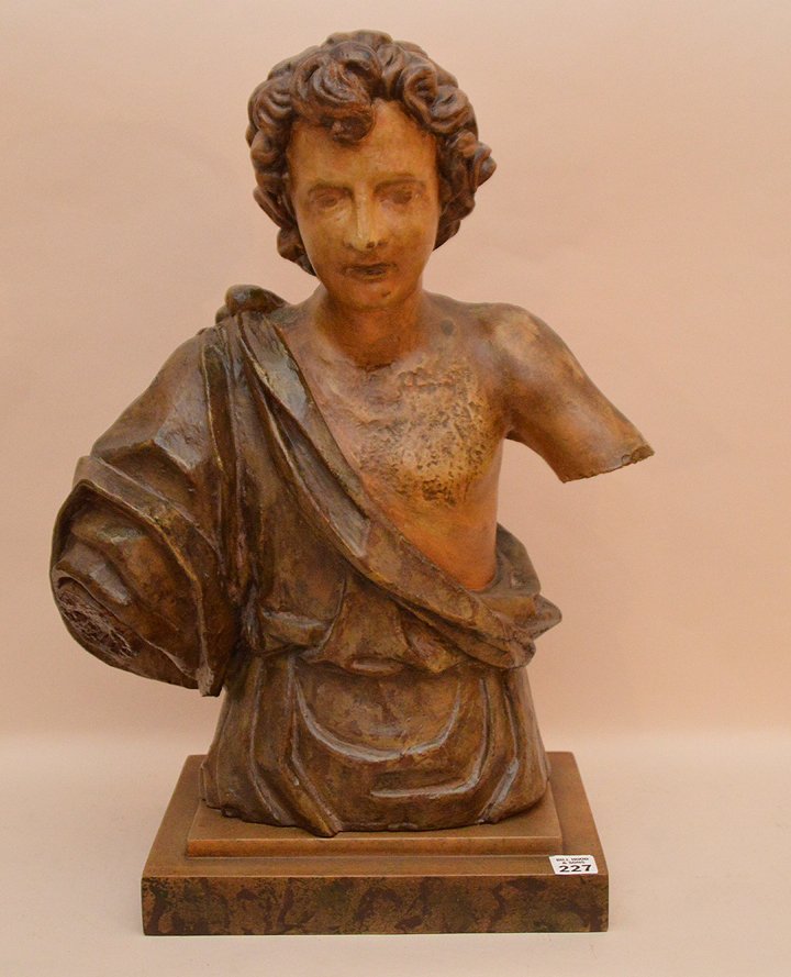 Greek warrior plaster bust painted and stained with: Greek warrior plaster bust painted and stained with robe, 21"h x 13 1/2"w x 8 1/2"d