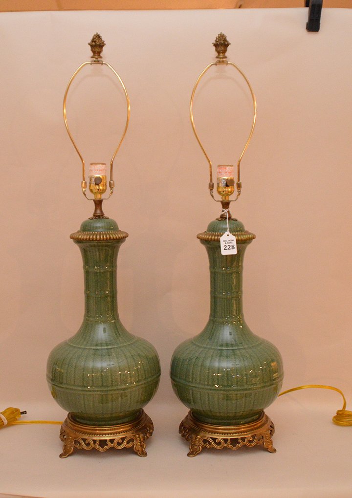 2 Celadon porcelain lamp bases with ornate polished (1 of 5)