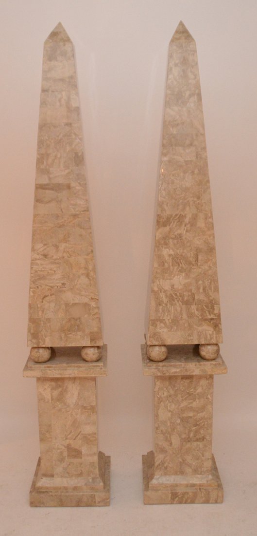 2 fabricated stone beige color inlay obelisks, 82 1/2"h: 2 fabricated stone beige color inlay obelisks, 82 1/2"h x base 14 1/2"square