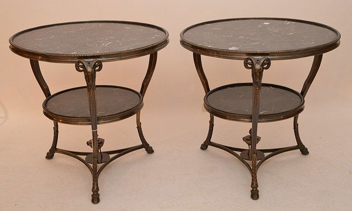 Pair round bronze and black marble top tables with 3 (1 of 5)