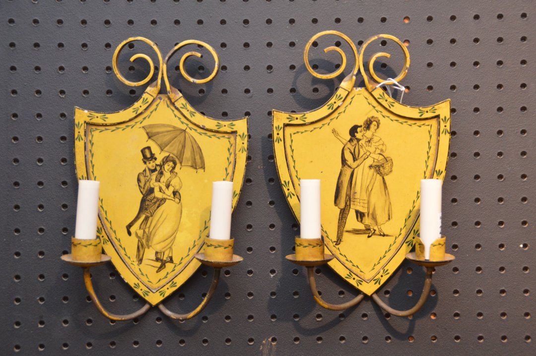 Pair yellow tole decorated and painted wall sconces (1 of 4)