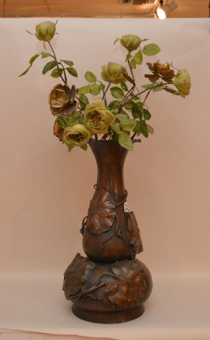 Bronze gourd form vase with applied vine and leaves, (1 of 8)