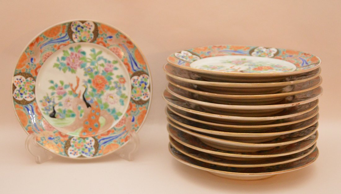 12 Chinese Rose Mandarin plates, flowers and peacocks, (1 of 5)