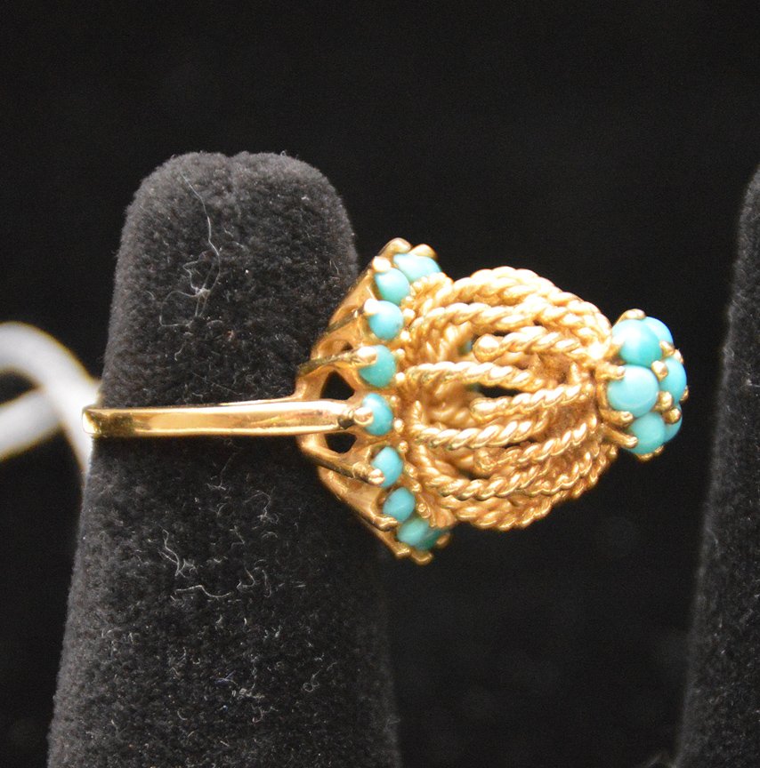 Ladies 18kt gold birdcage form ring with turquoise (1 of 3)