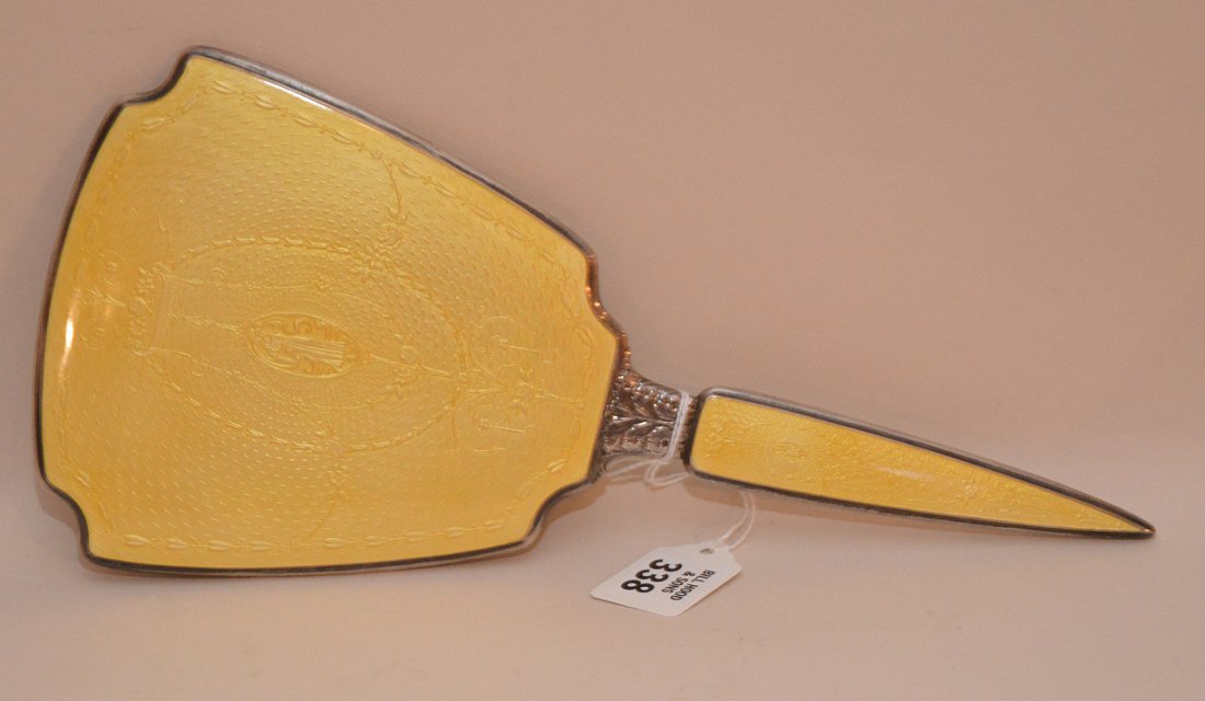 Yellow enamel and silver hand mirror, 12"L (fine: Yellow enamel and silver hand mirror, 12"L (fine condition)