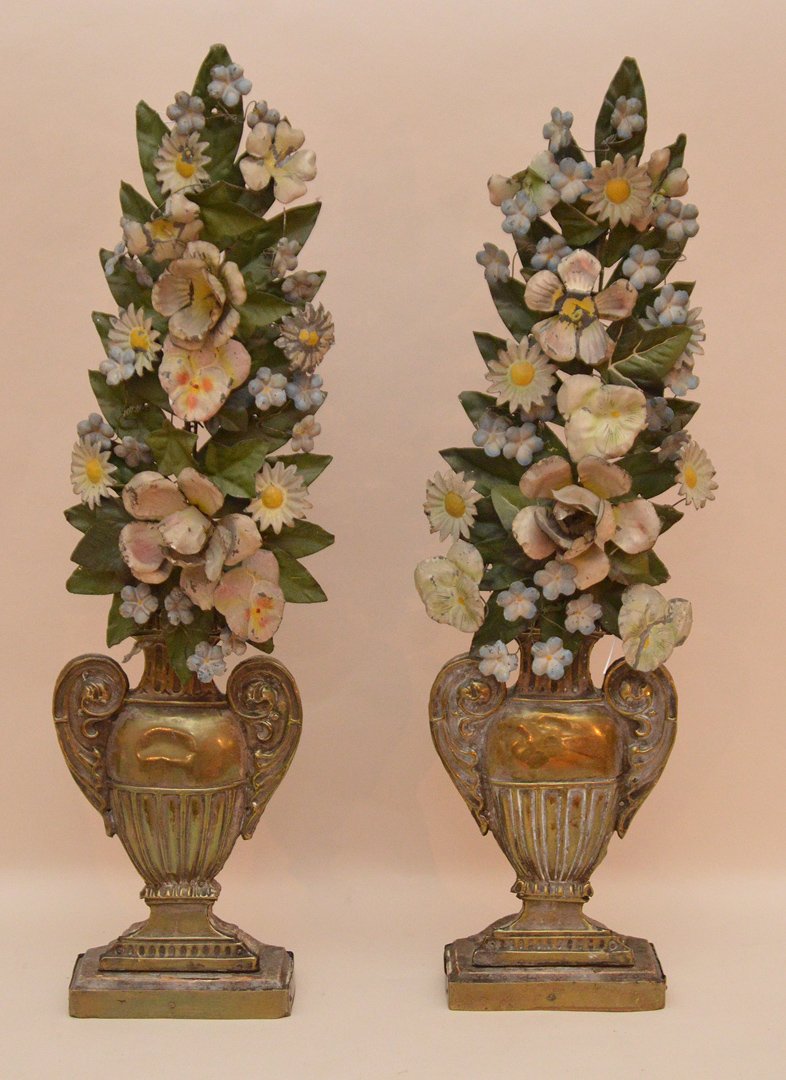 Pair 19th c. tole floral arrangements in urn, wood and (1 of 6)