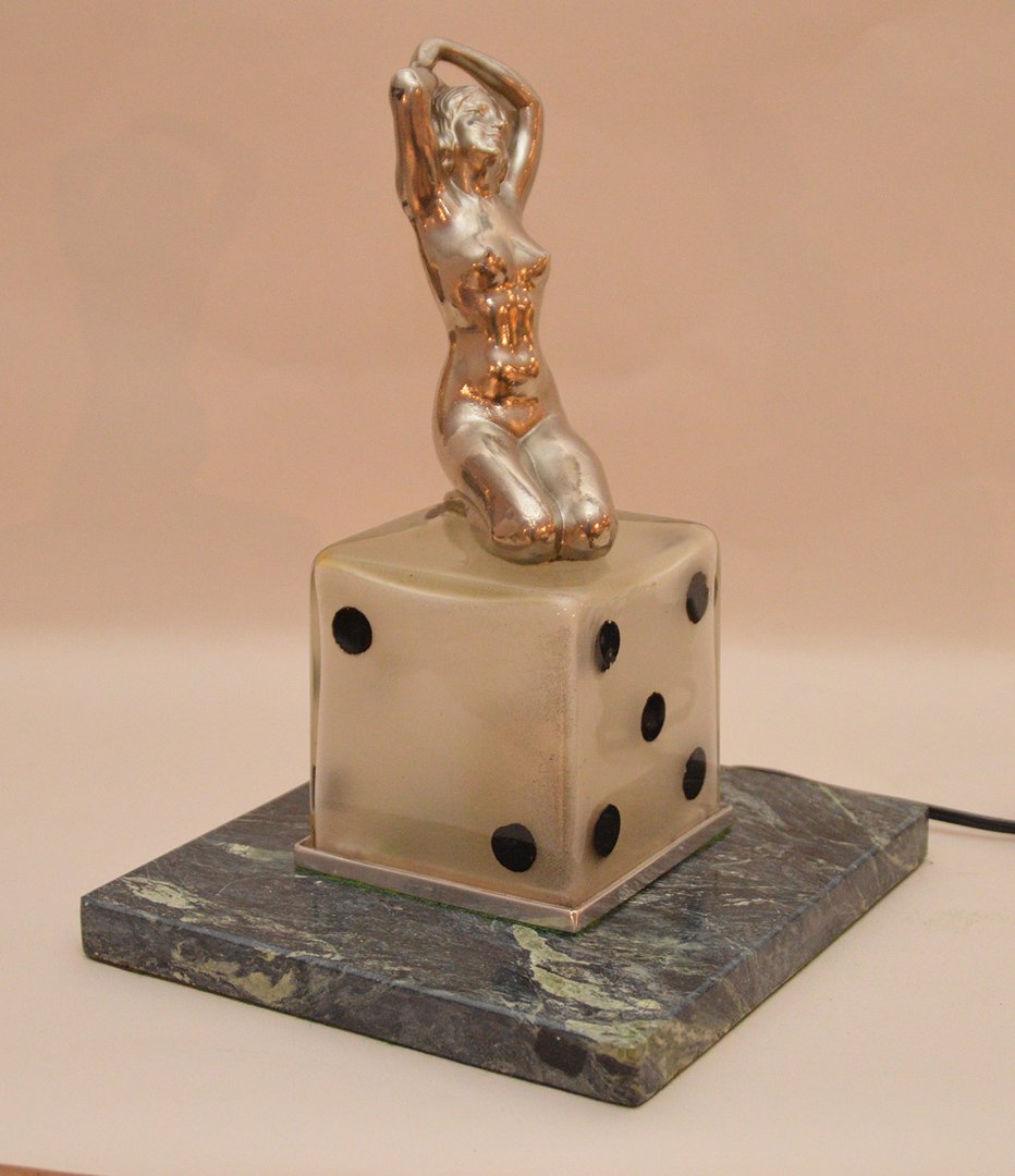 Art Deco lamp of nude sitting on dice cube, 11 1/2"h x: Art Deco lamp of nude sitting on dice cube, 11 1/2"h x 8"w