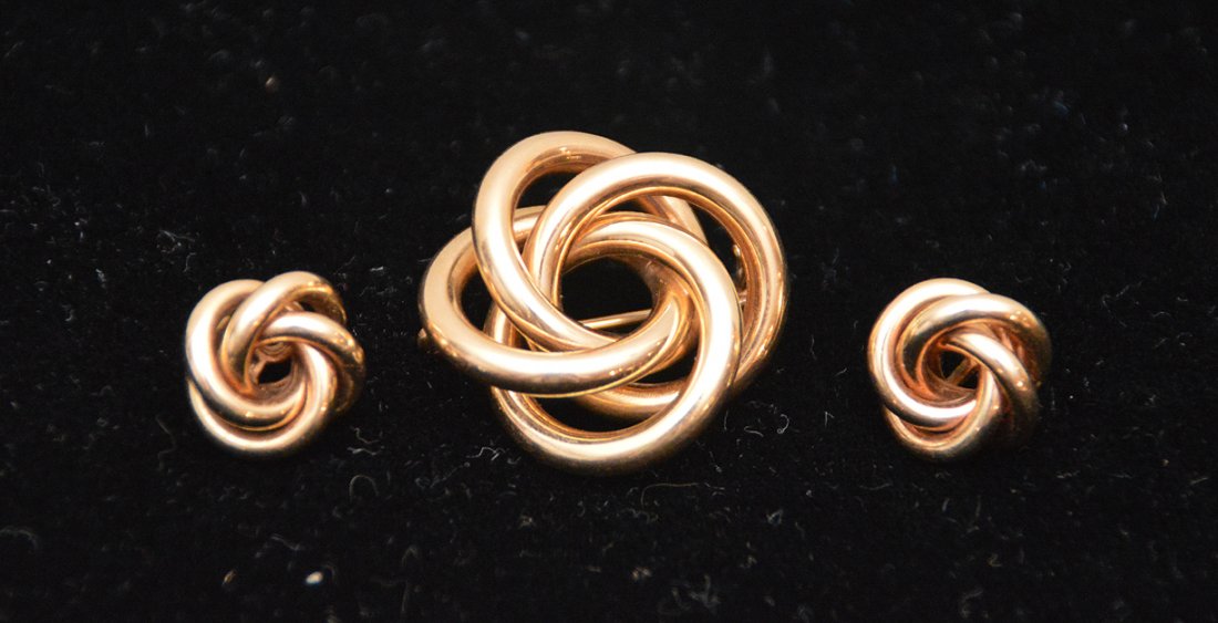 14kt gold spiral pin and earring set, pin marked 14kt (1 of 3)