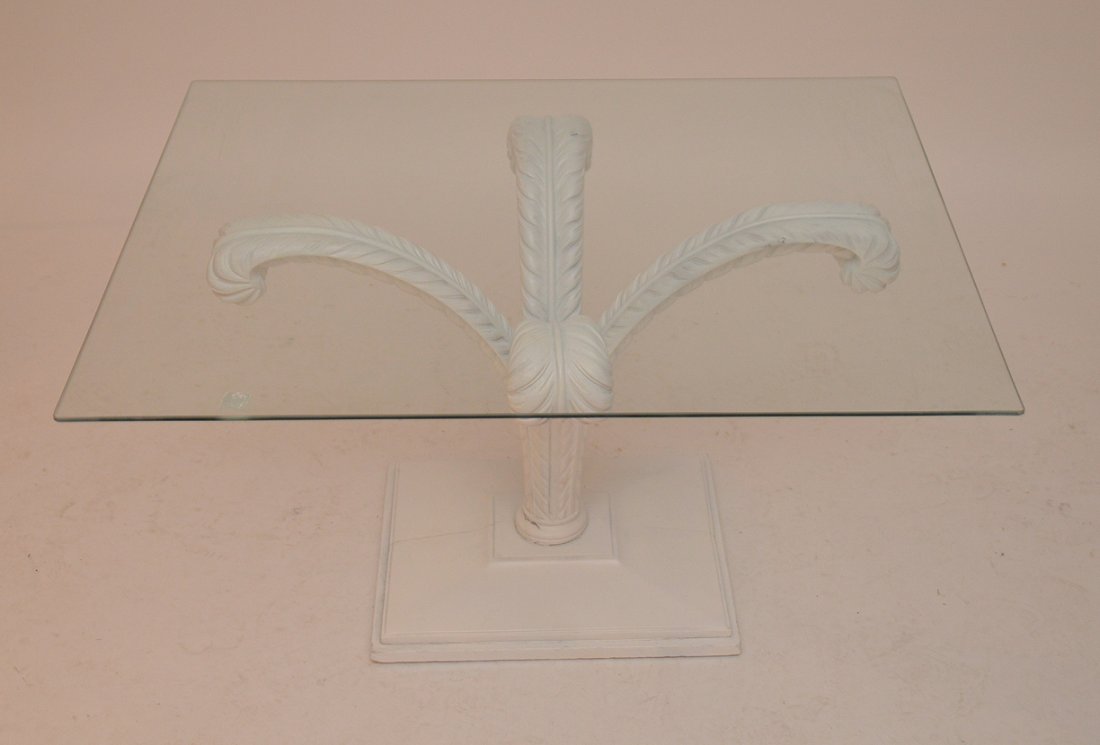 Side table painted white, wood carved feather motif (1 of 2)
