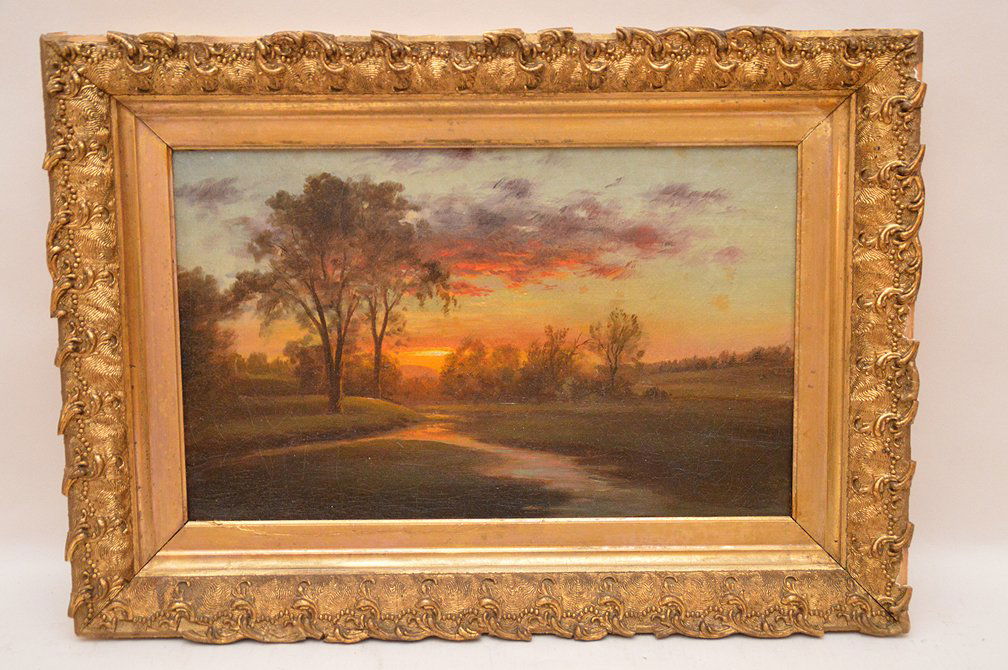 Hudson River School Sunset Landscape Painting, oil on (1 of 5)