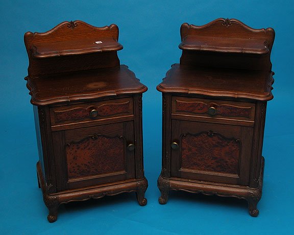 Pair of one drawer, one door mahogany end tables w/: Pair of one drawer, one door mahogany end tables w/ 15" l x 7" w ledge at top.