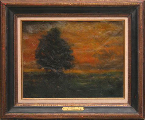 George Inness 19th century NY oil Painting sunset: George Inness (19th cent., NY), oil on Canvas, sunset & trees, 11" x 14 ", Condition: original canvas no reline signature looks fine under black light, small inpainting and small pin hole top right, c