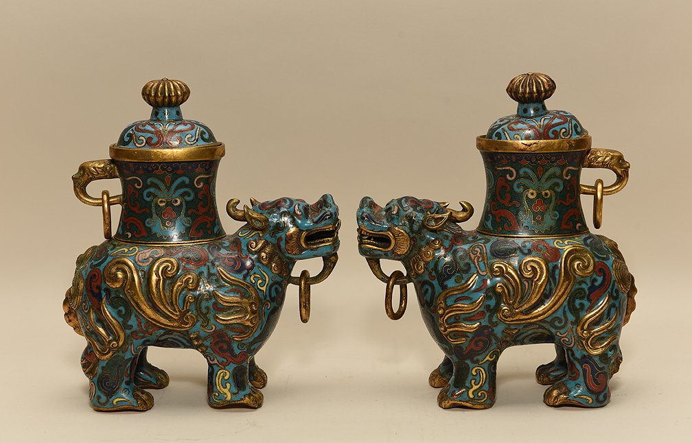 Pair of Chinese cloisonne foo lion form jars and (1 of 7)