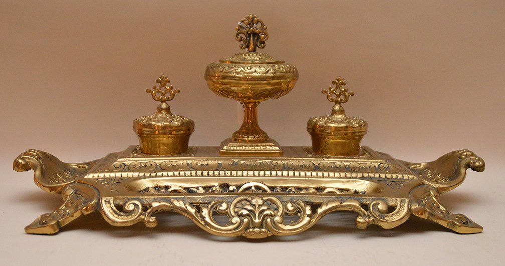 Antique bronze inkwell. 7 3/4" ht 19 1/2" w 8" d (1 of 5)