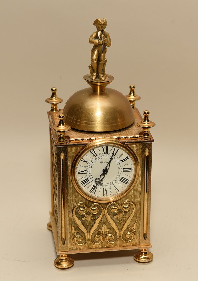 Gilt bronze Bucher Imhof alarm clock 8 day. 9 1/2" ht