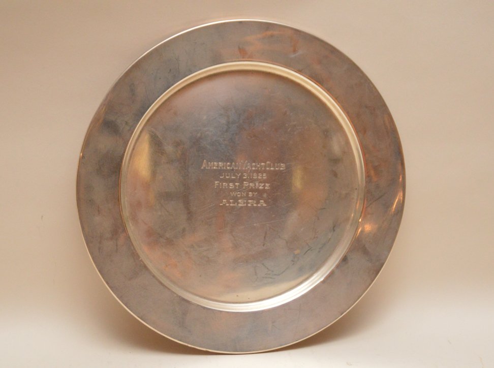 Sterling Black Starr & Frost trophy plate "American: Sterling Black Starr & Frost trophy plate "American Yacht Club 1925", 15ozt, 11"dia