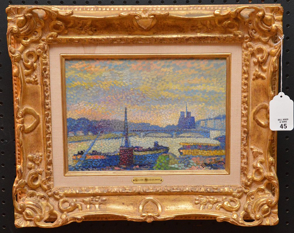 Lucien Neuquelman (France 1909 - 1988) oil on board,: Lucien Neuquelman (France 1909 - 1988) oil on board, Paris river scene, gallery frame, Wally Findlay Gallery label, 9" x 13"
