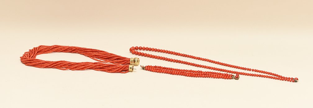 (3) coral beaded necklaces, 2 single strands and one (1 of 2)