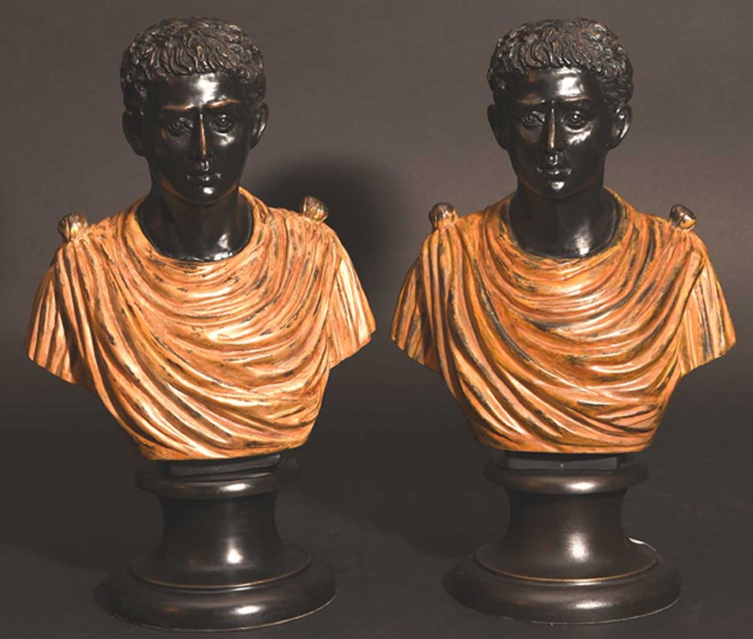 Pair Bronze Roman male busts mounted on bronze plinths, (1 of 3)