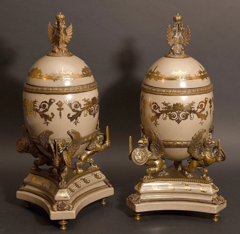 Finely detailed bronze & crackled celadon eggs with (1 of 7)