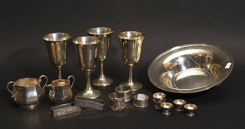 Lot of sterling, bowl, 4 goblets, 5 miniature salts (1 of 2)