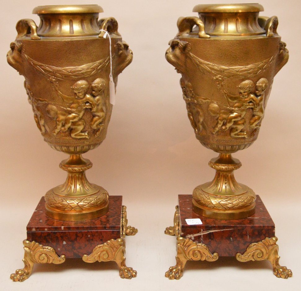 Pair of gilt bronze and rouge marble urns raised on (1 of 8)