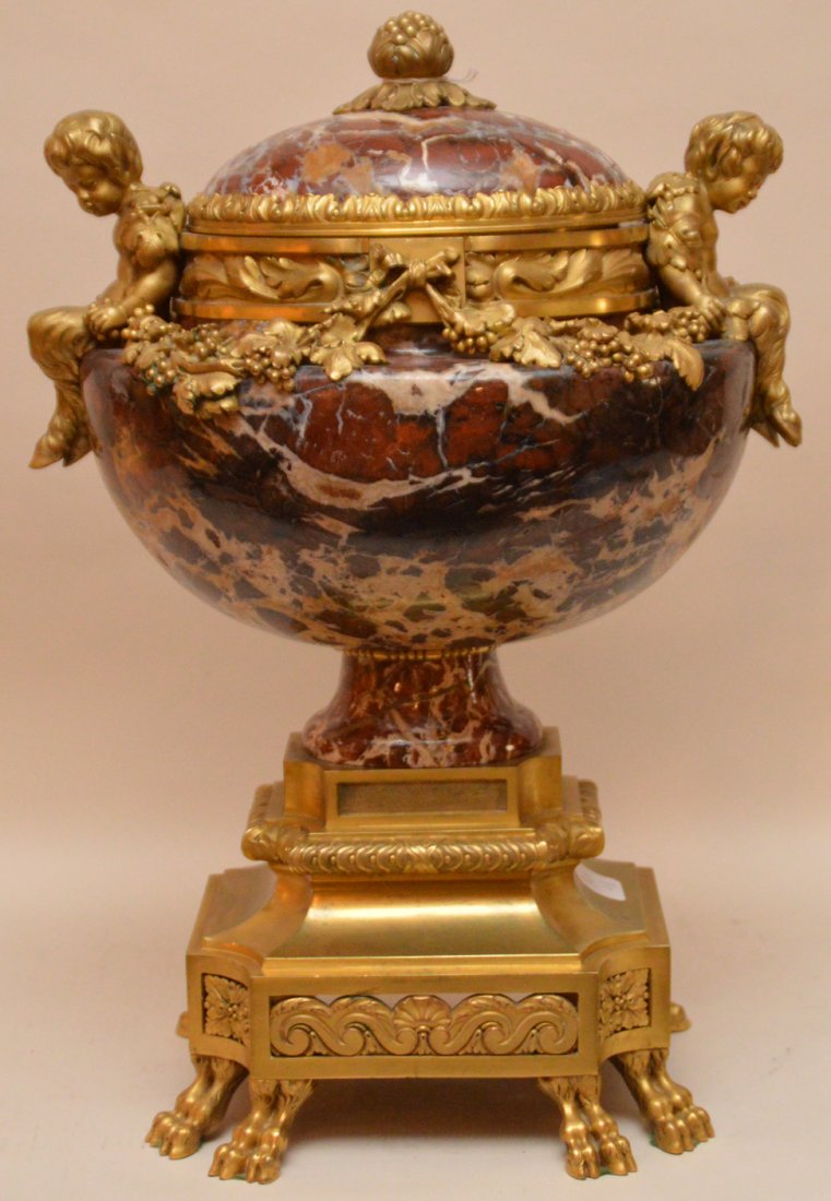 Large 19th c. gilt bronze and rouge marble urn, 17"h x (1 of 9)