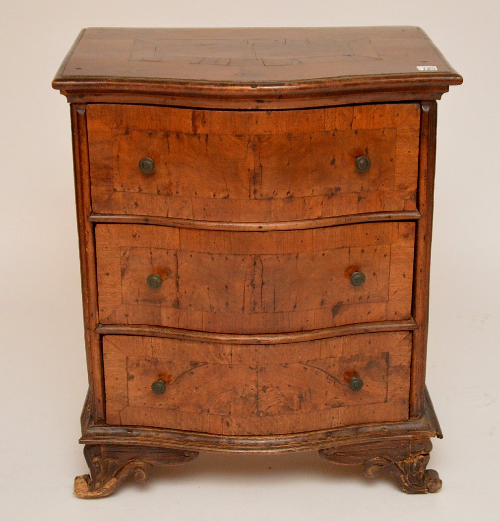 French 18th c. three drawer serpentine commode, 29"h x (1 of 7)