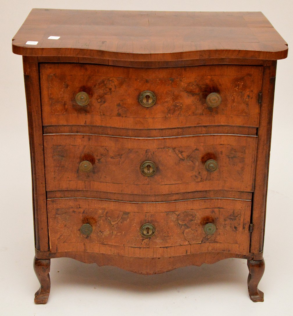 French 18th c. three drawer serpentine commode, 29"h x (1 of 6)