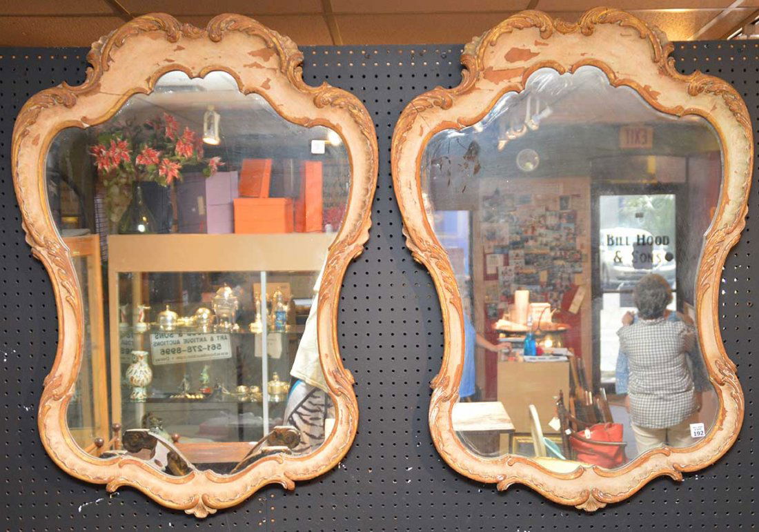Pair 19th c. French painted rococo chippy mirrors, 40"h (1 of 3)