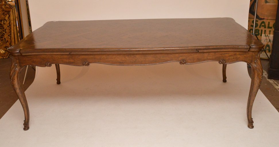 French Provincial walnut parquetry table, 31"h x 83"w x (1 of 5)