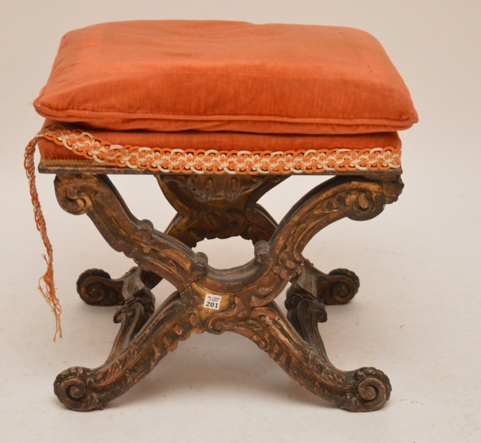 Baroque carved 19th c. stool, orange upholstery (1 of 3)